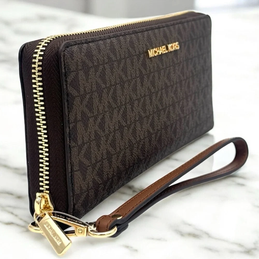 Michael Kors Large Continental Wallet Wristlet Brown Signature